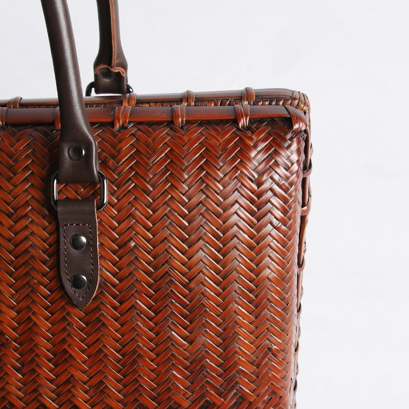 Large Natural Bamboo Woven Tote Bag – Handcrafted Horizontal Style (40cm x 17.5cm x 30cm / 15.75in x 6.9in x 11.8in)