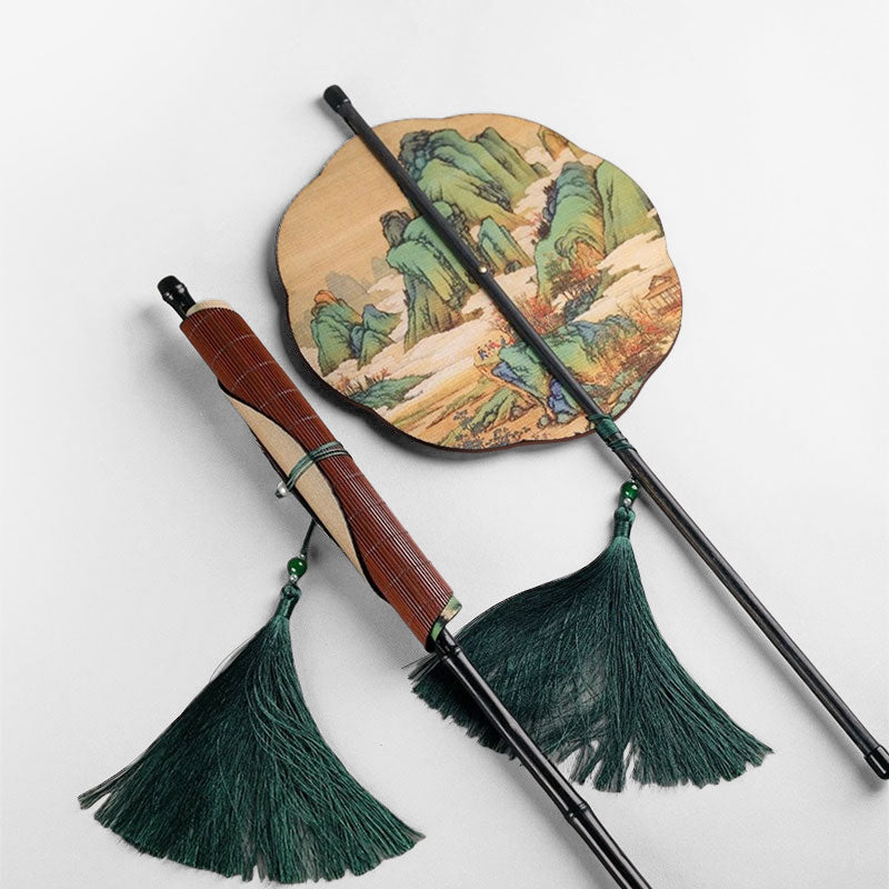 Handmade Chinese Bamboo Scroll Fan – Qianli Jiangshan Tu Landscape | Plum Blossom or Round Shape | Woven Purple Bamboo with Tassel | Foldable, Decorative Gift