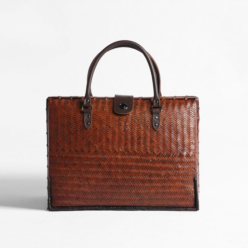 Large Natural Bamboo Woven Tote Bag – Handcrafted Horizontal Style (40cm x 17.5cm x 30cm / 15.75in x 6.9in x 11.8in)
