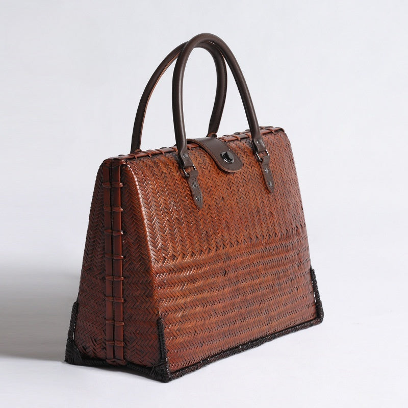 Large Natural Bamboo Woven Tote Bag – Handcrafted Horizontal Style (40cm x 17.5cm x 30cm / 15.75in x 6.9in x 11.8in)