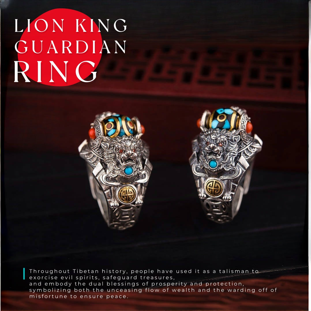 Tibetan Snow‑Lion Spinner Ring | 925 Silver, Dzi & Agate