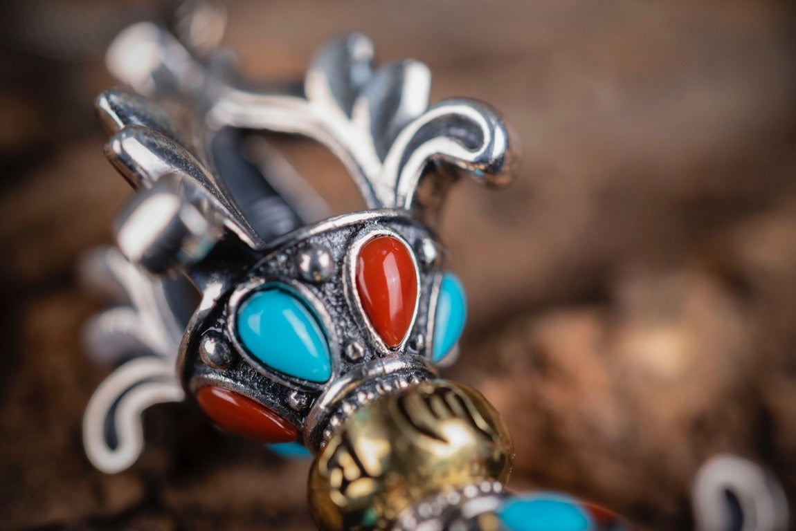 Vajra & Bell Amulet Pendant | Sterling Silver, Turquoise & Agate