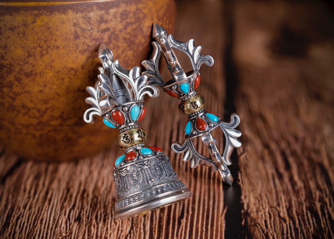 Vajra & Bell Amulet Pendant | Sterling Silver, Turquoise & Agate
