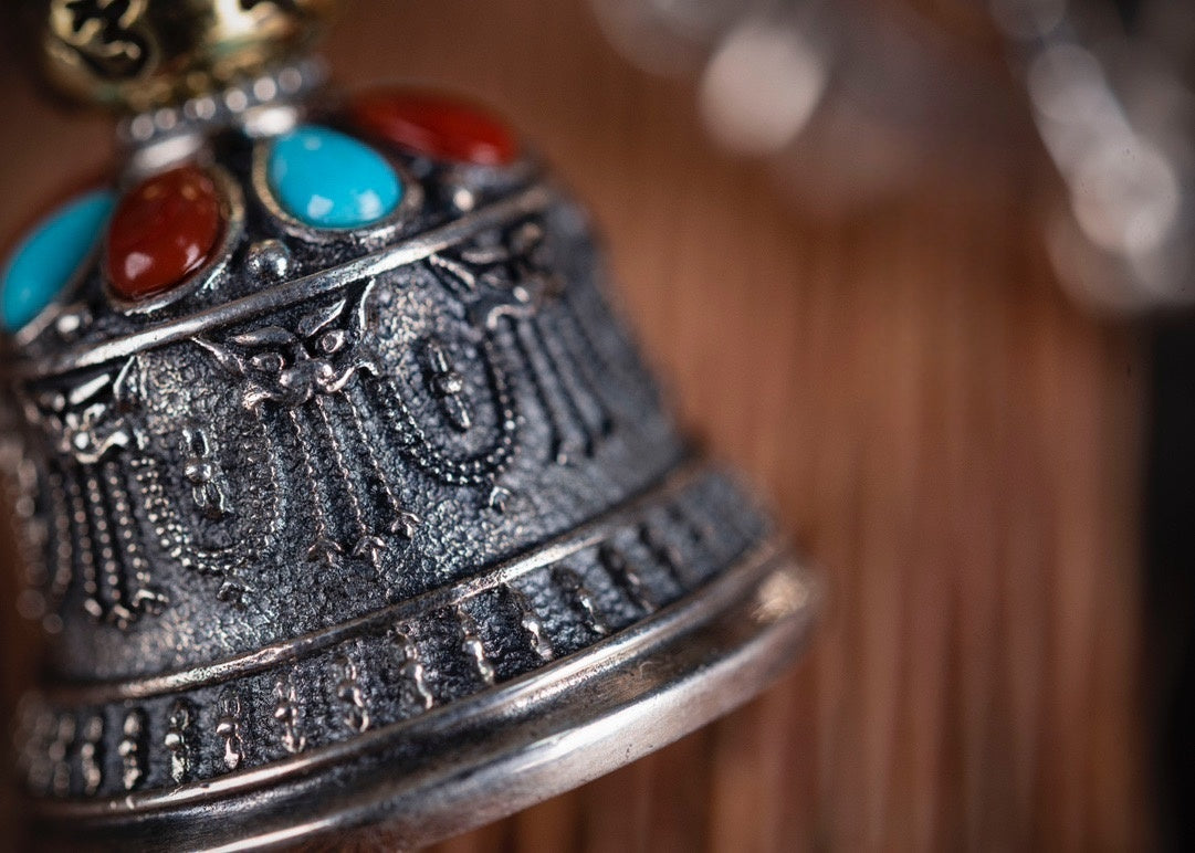 Vajra & Bell Amulet Pendant | Sterling Silver, Turquoise & Agate