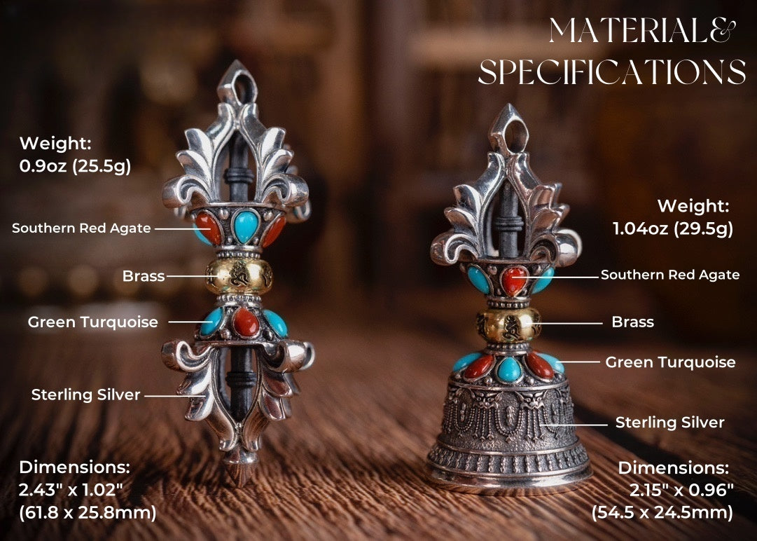 Vajra & Bell Amulet Pendant | Sterling Silver, Turquoise & Agate