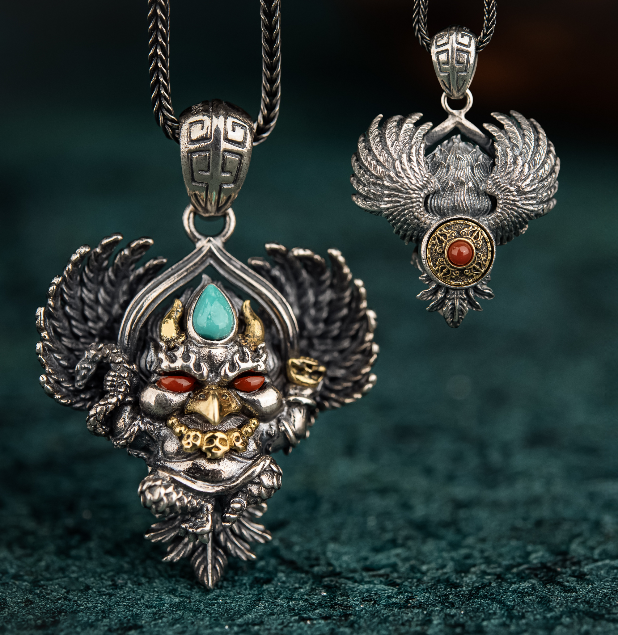 Garuda Guardian Pendant | Sterling Silver, Agate & Turquoise