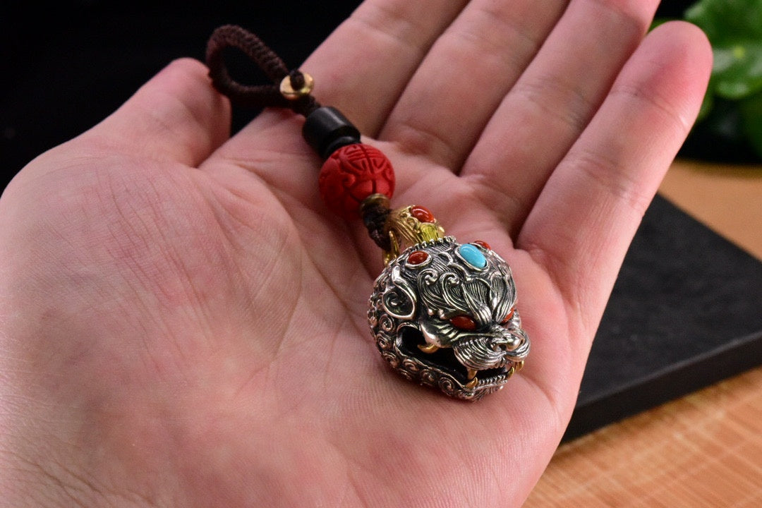 Tibetan Pixiu Guardian Bell Pendant – Silver, Turquoise, Agate