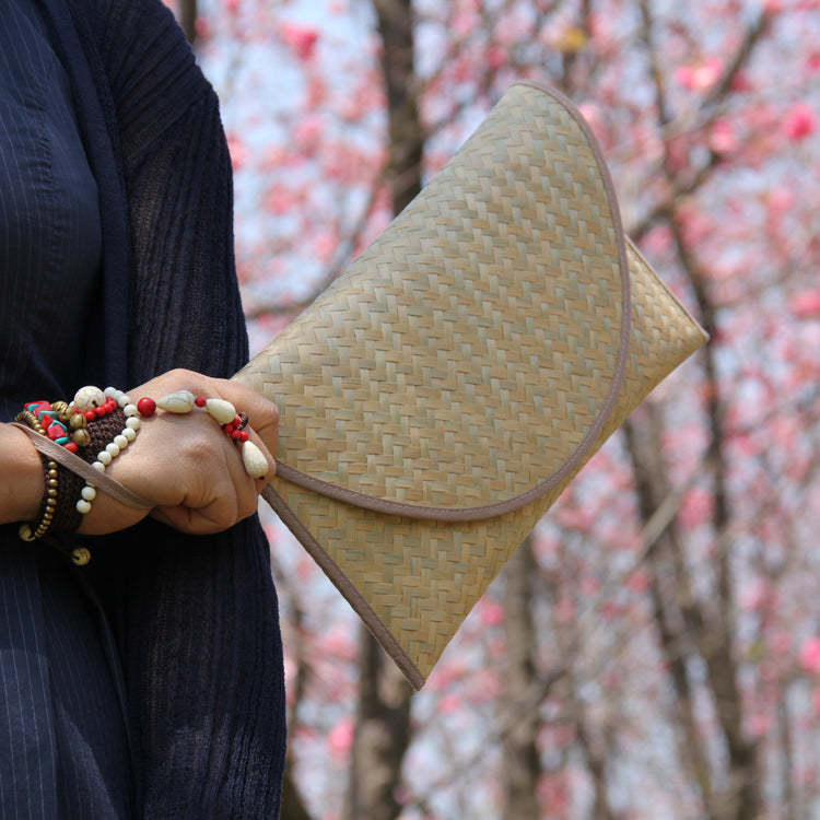 Handwoven Bamboo Clutch with Pink Trim – 29×15 cm, Eco Chic