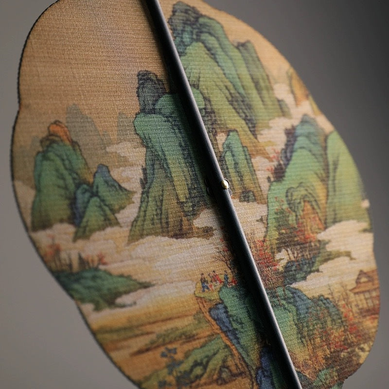 Handmade Chinese Bamboo Scroll Fan – Qianli Jiangshan Tu Landscape | Plum Blossom or Round Shape | Woven Purple Bamboo with Tassel | Foldable, Decorative Gift