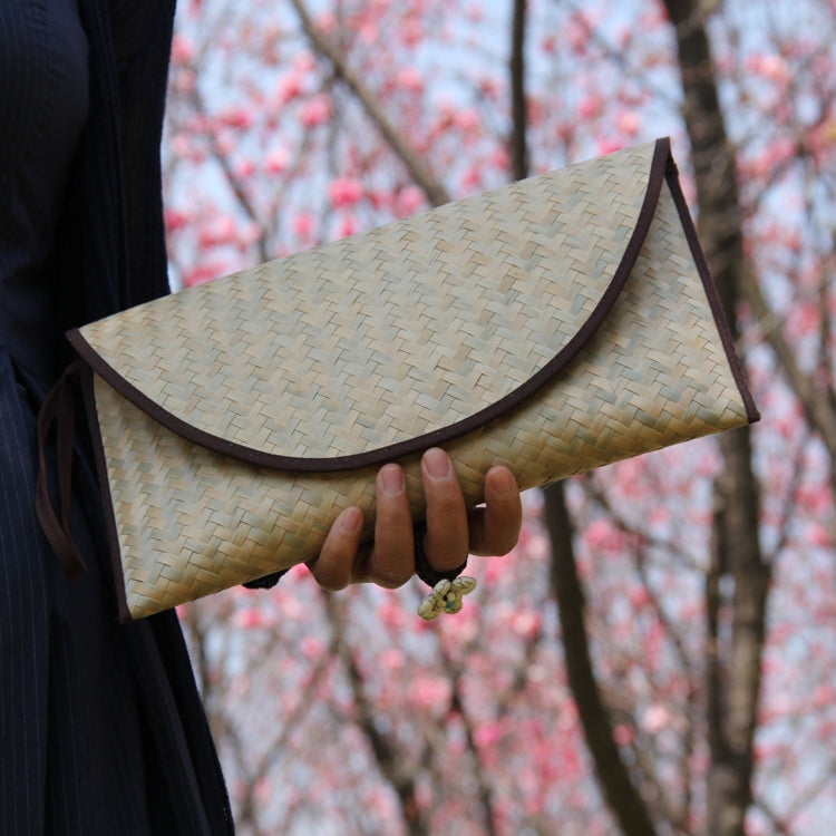 Handwoven Bamboo Clutch with Pink Trim – 29×15 cm, Eco Chic