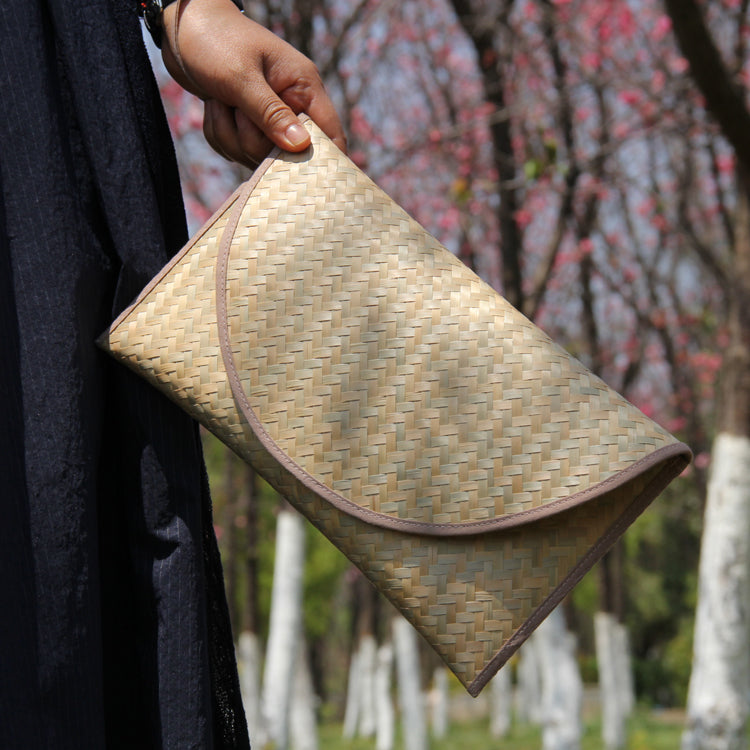 Handwoven Bamboo Clutch with Pink Trim – 29×15 cm, Eco Chic
