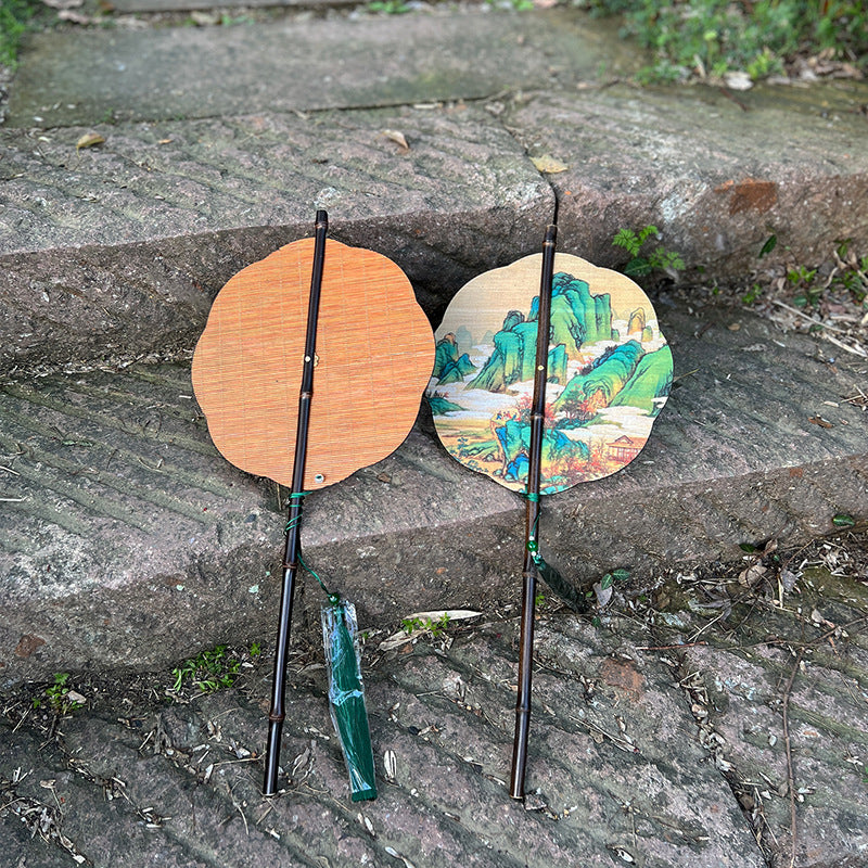 Handmade Chinese Bamboo Scroll Fan – Qianli Jiangshan Tu Landscape | Plum Blossom or Round Shape | Woven Purple Bamboo with Tassel | Foldable, Decorative Gift