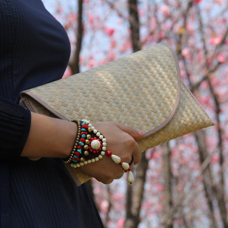 Handwoven Bamboo Clutch with Pink Trim – 29×15 cm, Eco Chic