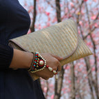 Handwoven Bamboo Clutch with Pink Trim – 29×15 cm, Eco Chic