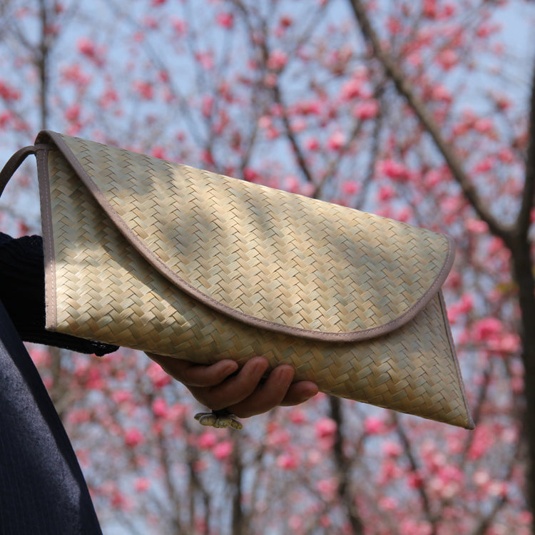 Handwoven Bamboo Clutch with Pink Trim – 29×15 cm, Eco Chic