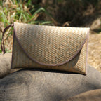 Handwoven Bamboo Clutch with Pink Trim – 29×15 cm, Eco Chic
