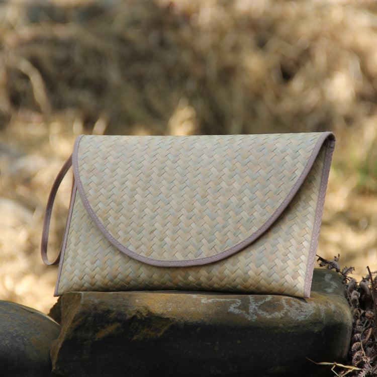 Handwoven Bamboo Clutch with Pink Trim – 29×15 cm, Eco Chic