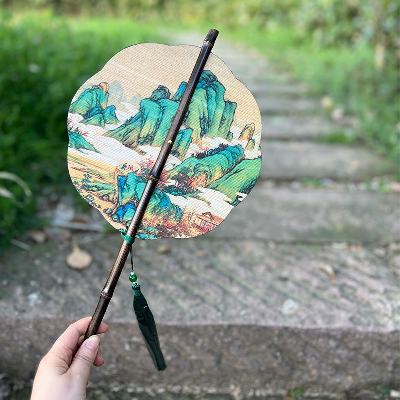 Handmade Chinese Bamboo Scroll Fan – Qianli Jiangshan Tu Landscape | Plum Blossom or Round Shape | Woven Purple Bamboo with Tassel | Foldable, Decorative Gift