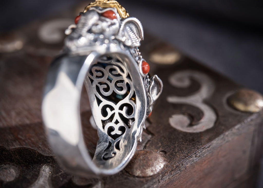 Rotating Dzi Ganesha Wealth Ring | 925 Silver, Brass & Gems