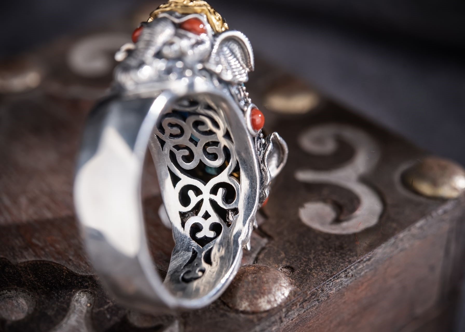 Rotating Dzi Ganesha Wealth Ring | 925 Silver, Brass & Gems