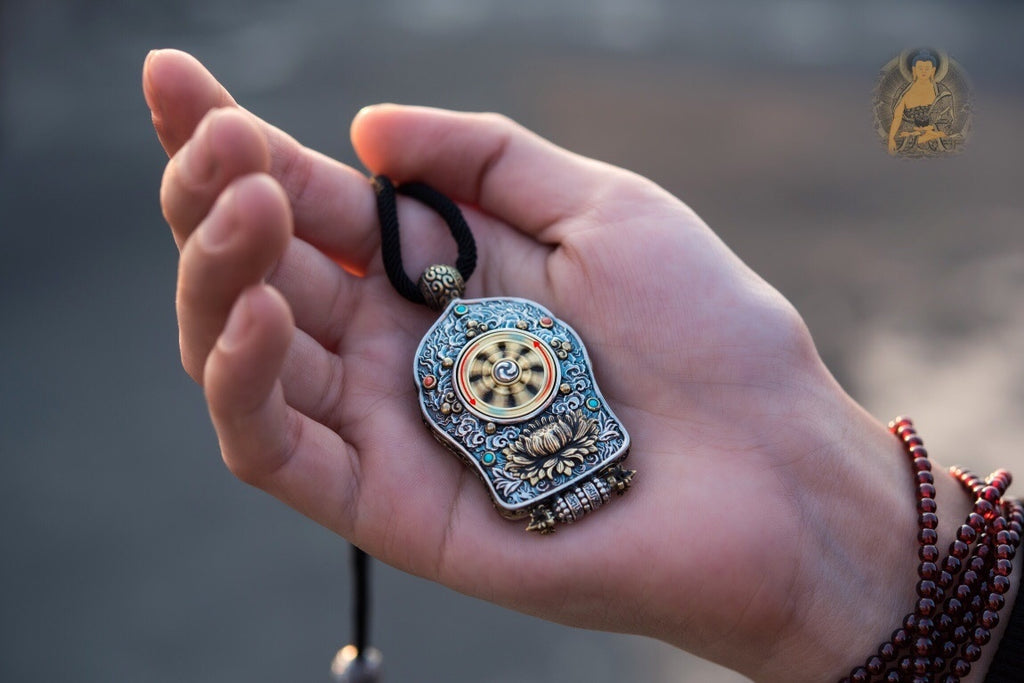Black‑Gold Thangka Gau Necklace | 925 Silver & Dharma Wheel