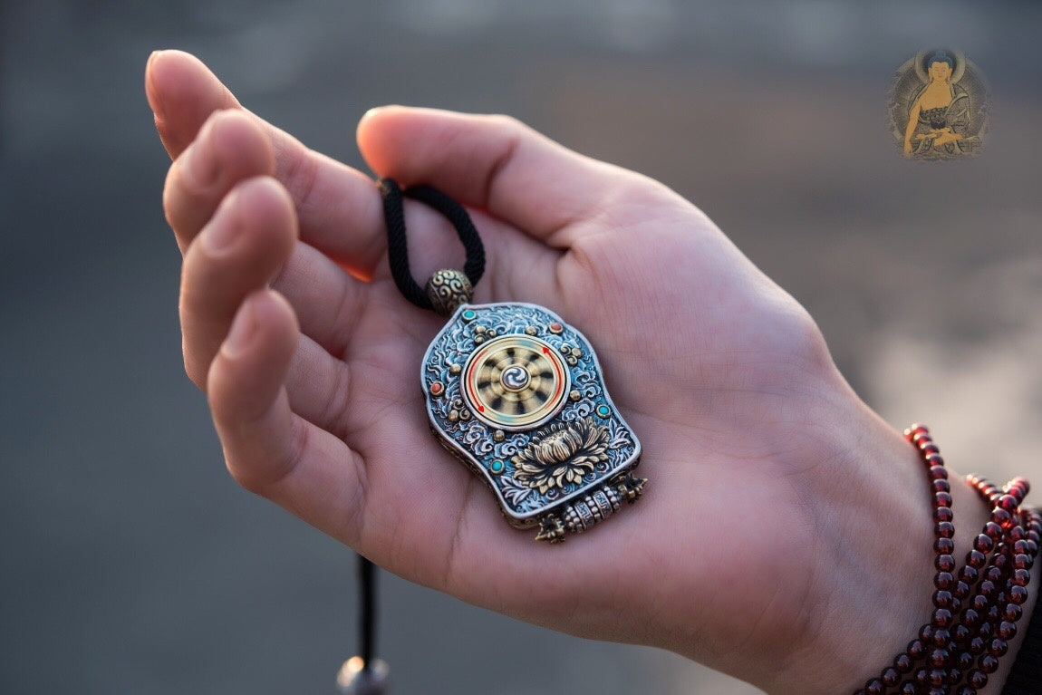 Black‑Gold Thangka Gau Necklace | 925 Silver & Dharma Wheel