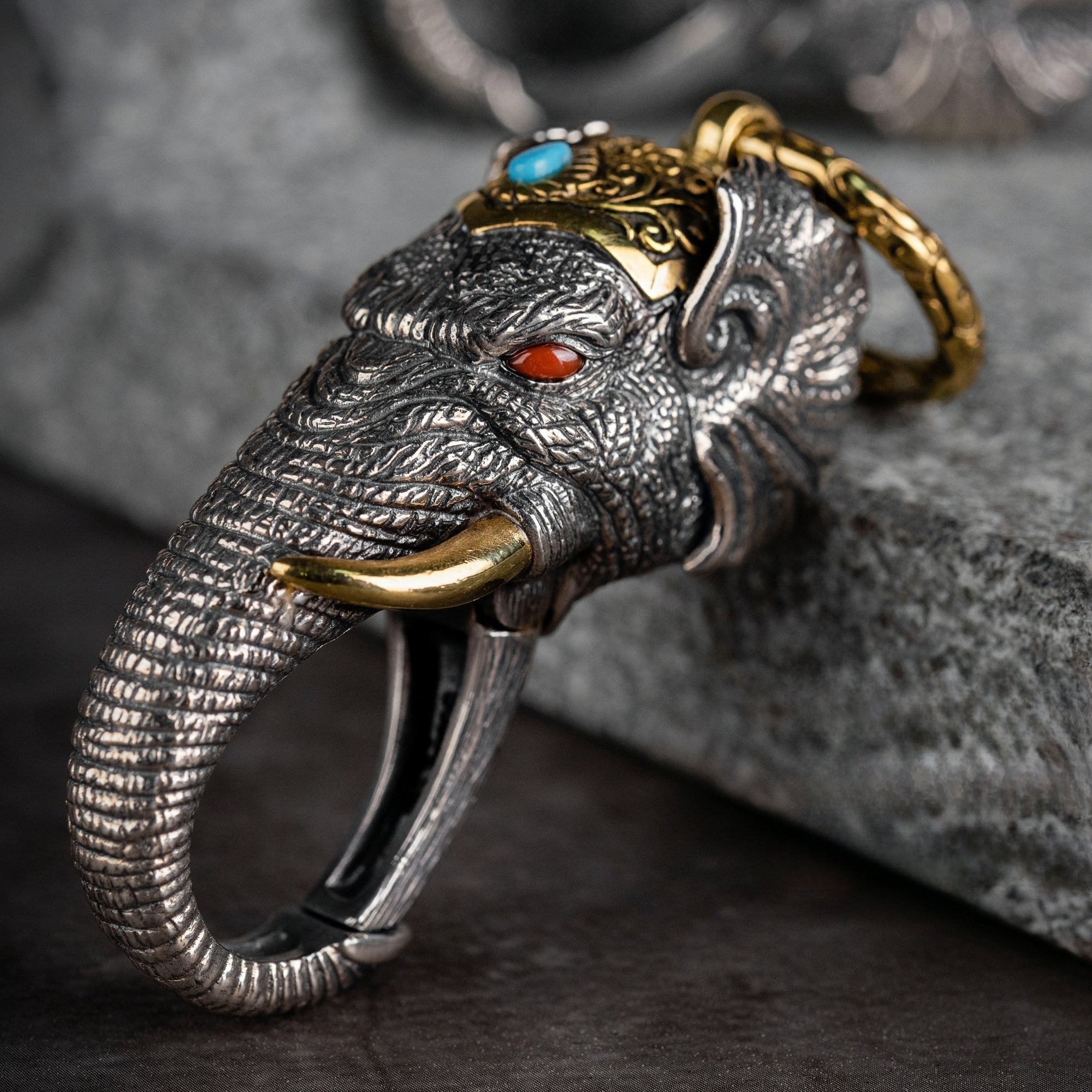 Tibetan Elephant-God Keychain – Silver, Turquoise & Agate