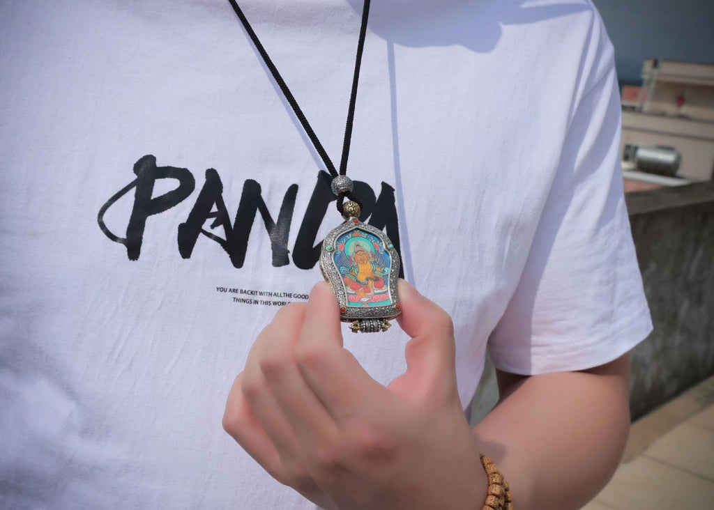 Hand‑Painted Thangka Amulet Necklace | 925 Silver & Rotating Dharma Wheel