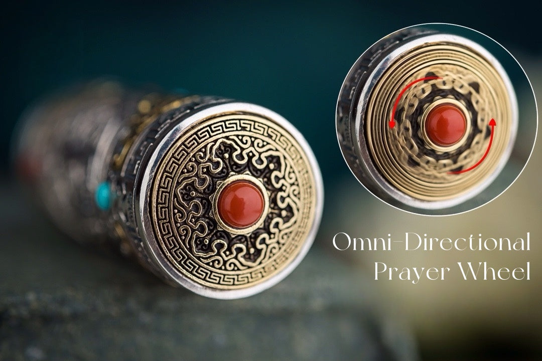Tibetan Six-Syllable Prayer Wheel Pendant – Silver & Gemstone