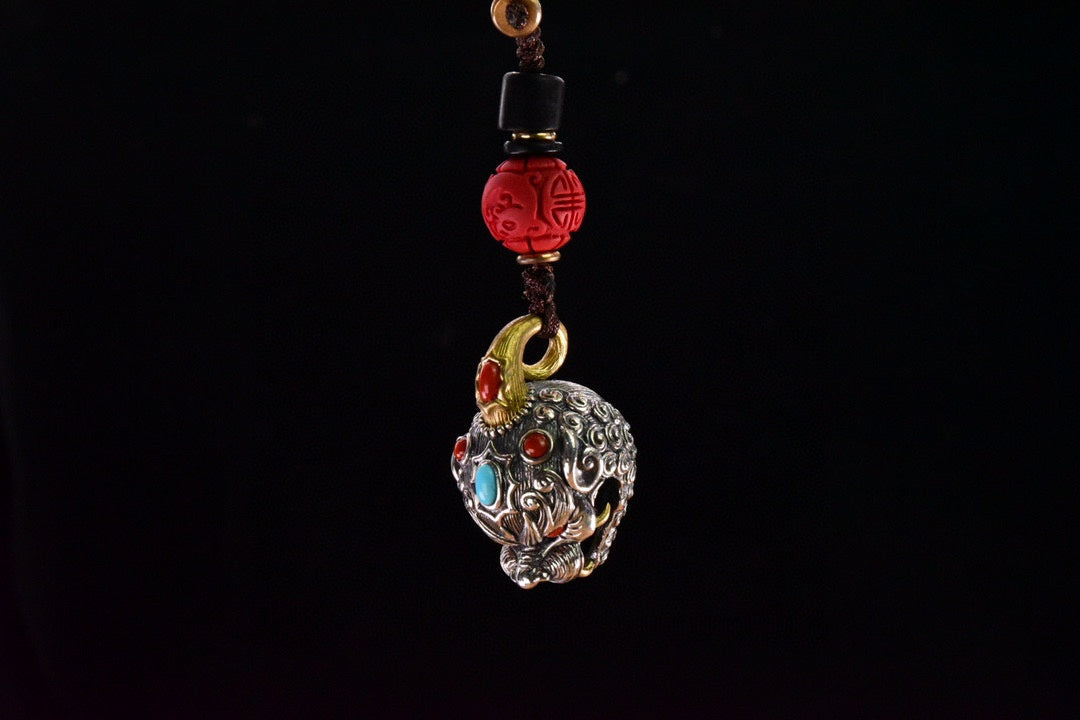 Tibetan Pixiu Guardian Bell Pendant – Silver, Turquoise, Agate
