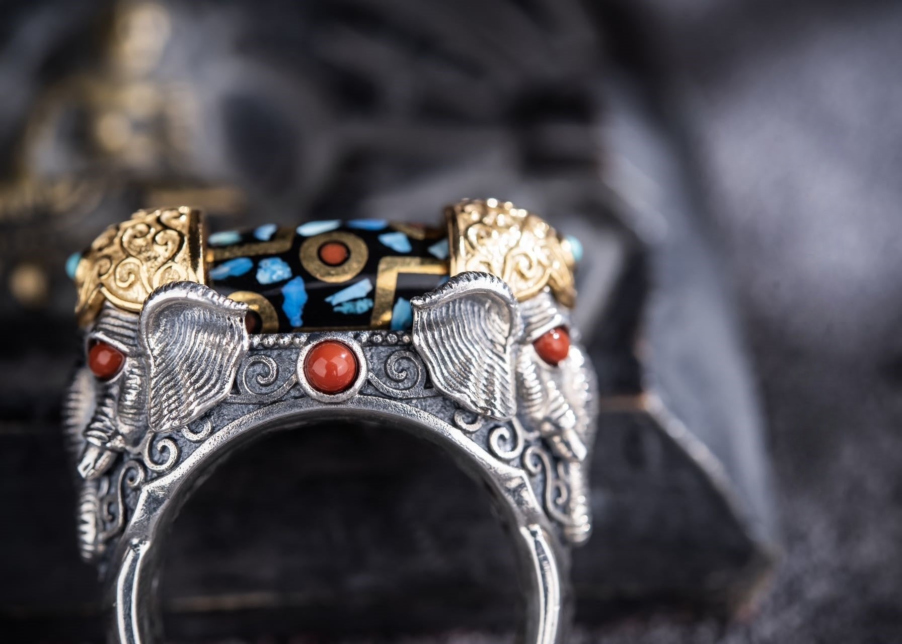 Rotating Dzi Ganesha Wealth Ring | 925 Silver, Brass & Gems