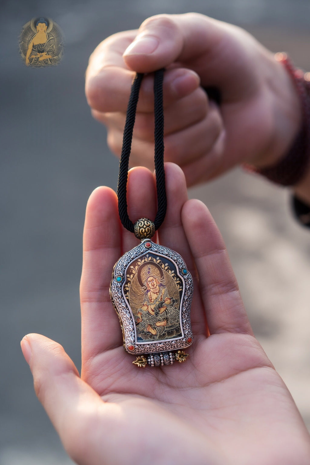 Black‑Gold Thangka Gau Necklace | 925 Silver & Dharma Wheel