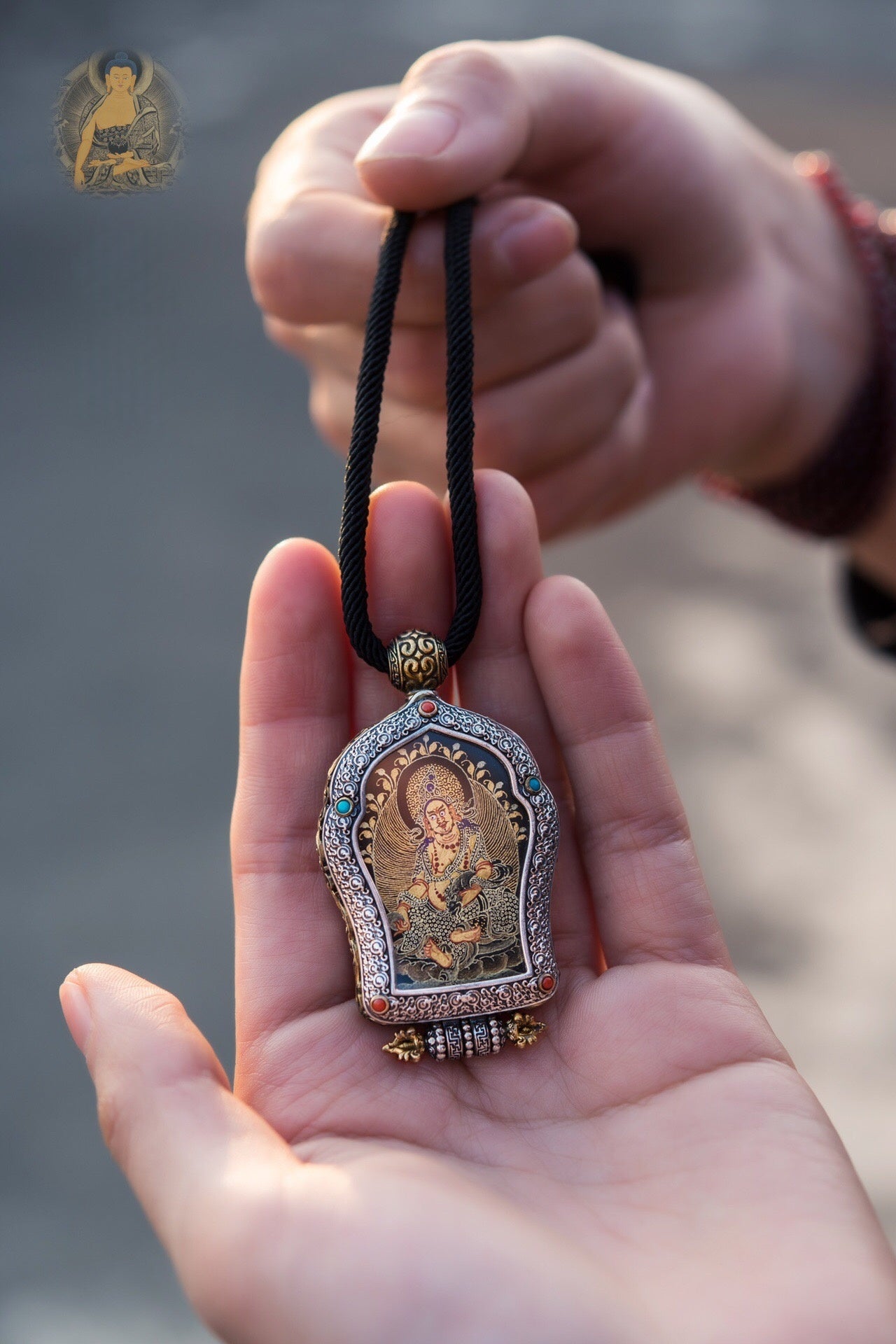 Black‑Gold Thangka Gau Necklace | 925 Silver & Dharma Wheel