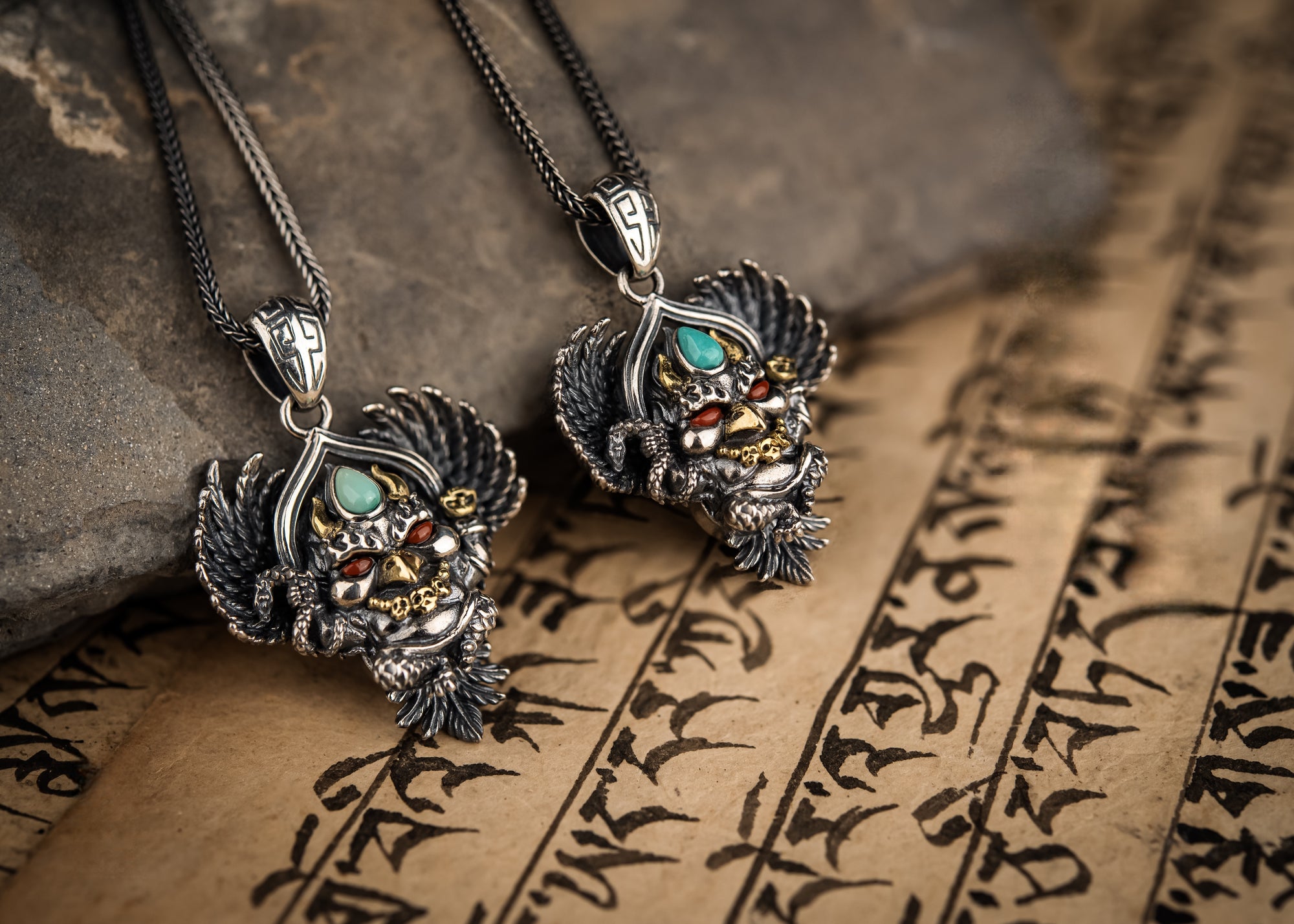Garuda Guardian Pendant | Sterling Silver, Agate & Turquoise