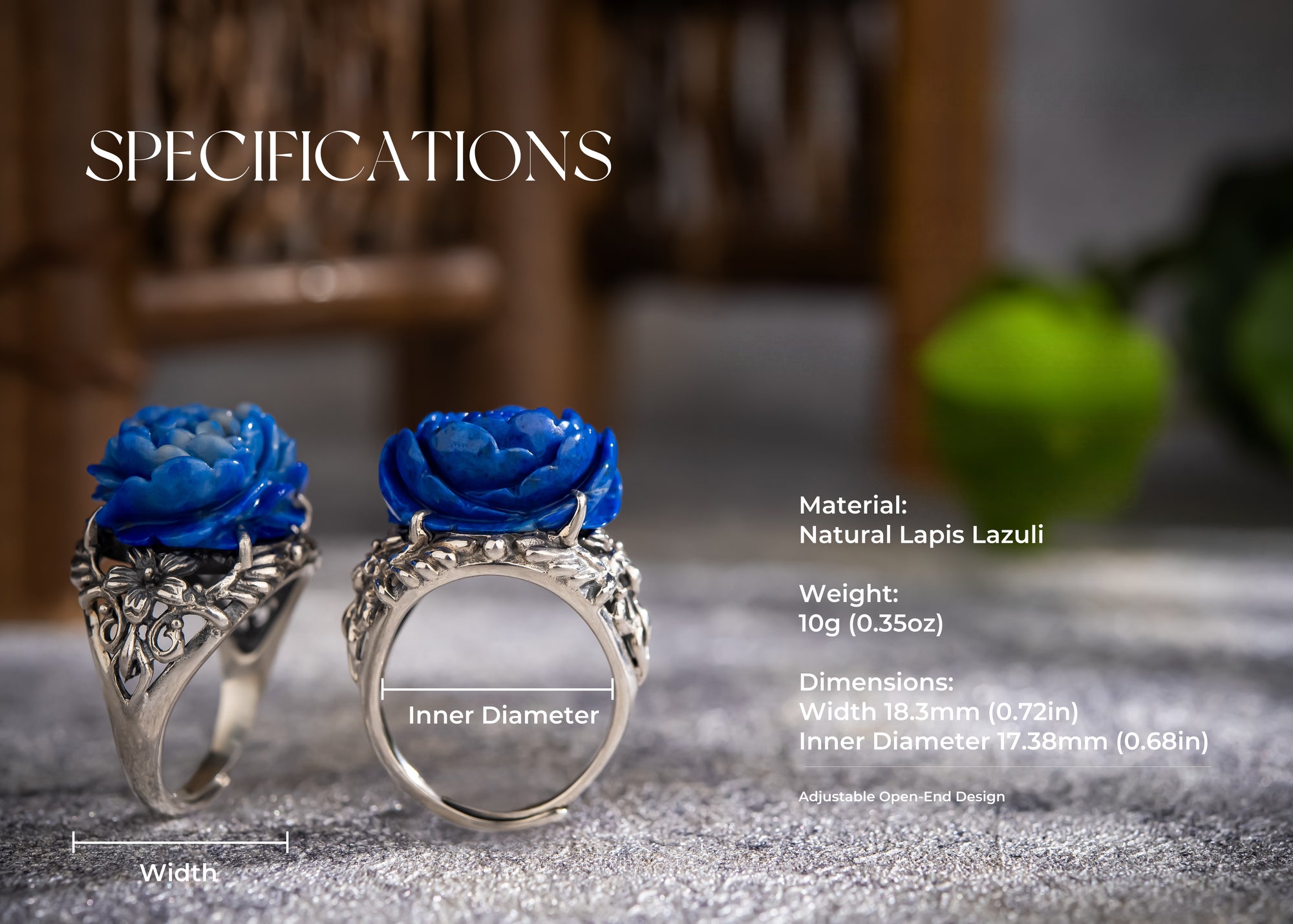 Peony of Lhasa Ring | Carved Lapis Lazuli & 925 Silver