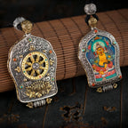 Hand‑Painted Thangka Amulet Necklace | 925 Silver & Rotating Dharma Wheel