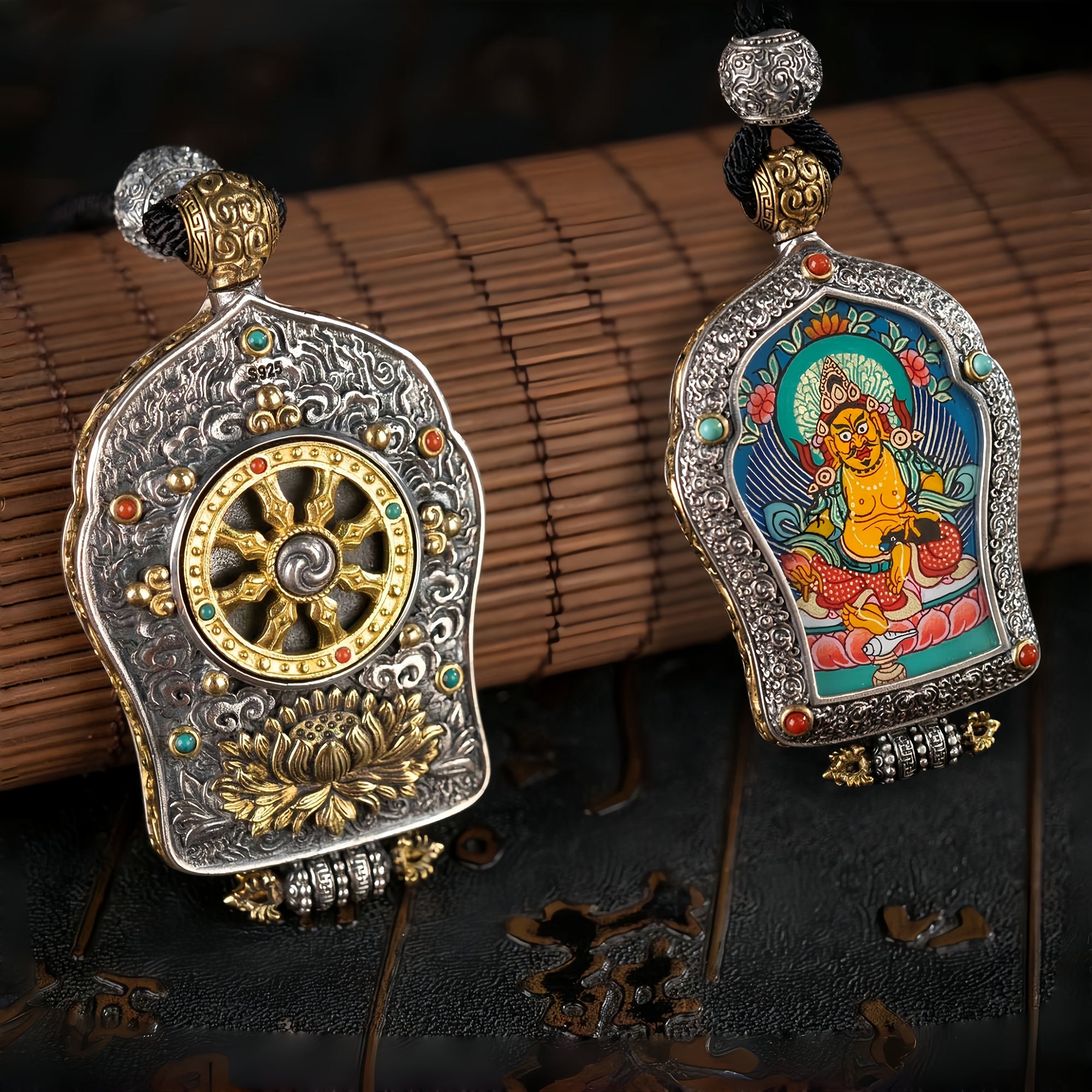 Hand‑Painted Thangka Amulet Necklace | 925 Silver & Rotating Dharma Wheel