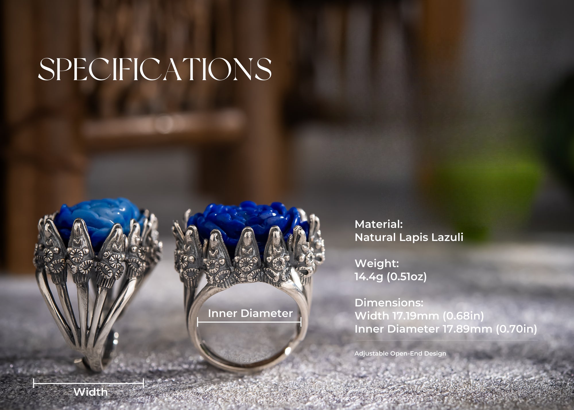 Peony of Lhasa Ring | Carved Lapis Lazuli & 925 Silver