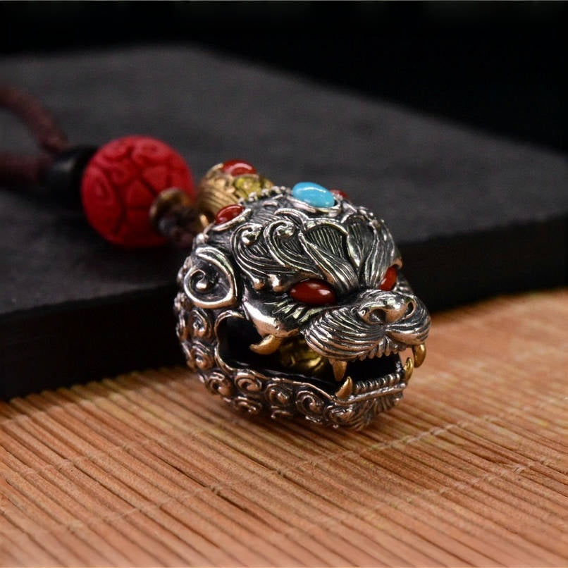 Tibetan Pixiu Guardian Bell Pendant – Silver, Turquoise, Agate
