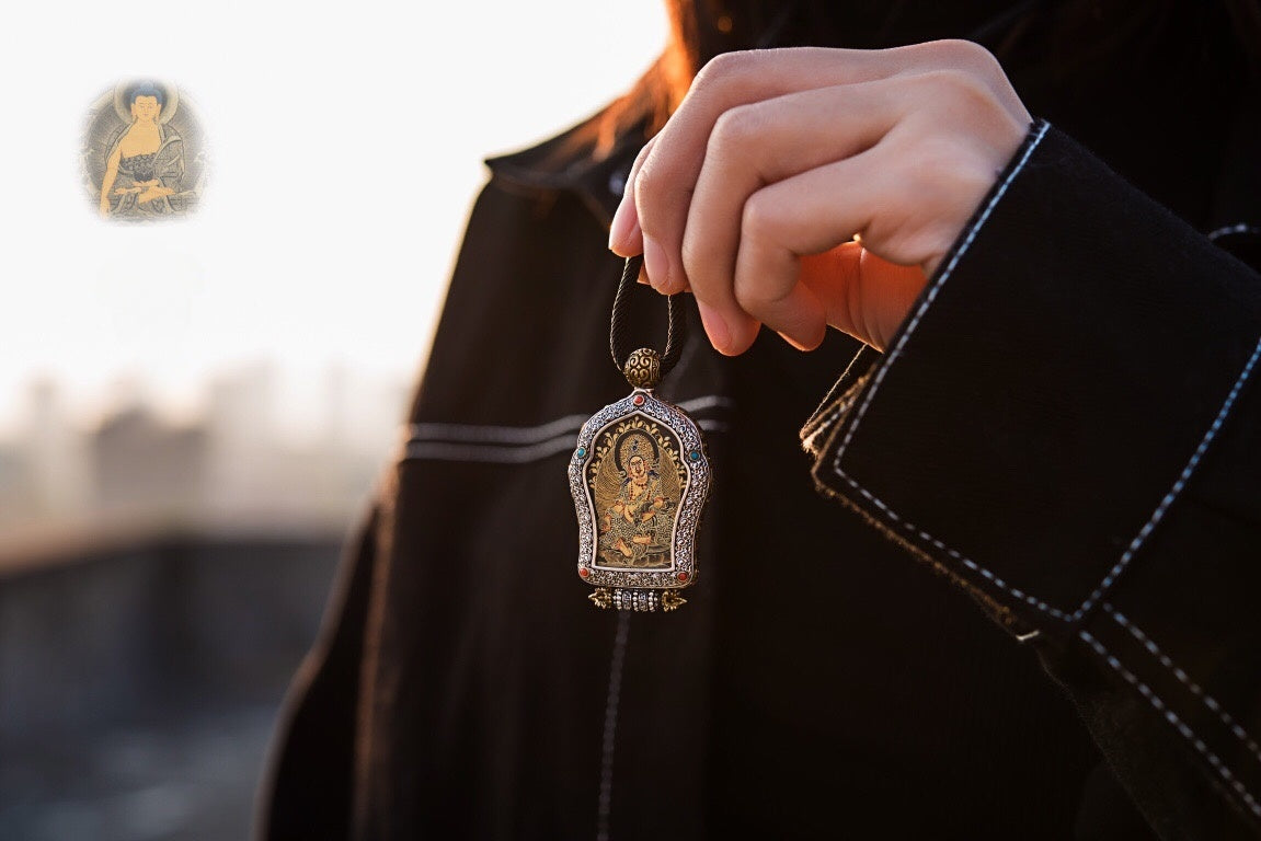 Black‑Gold Thangka Gau Necklace | 925 Silver & Dharma Wheel