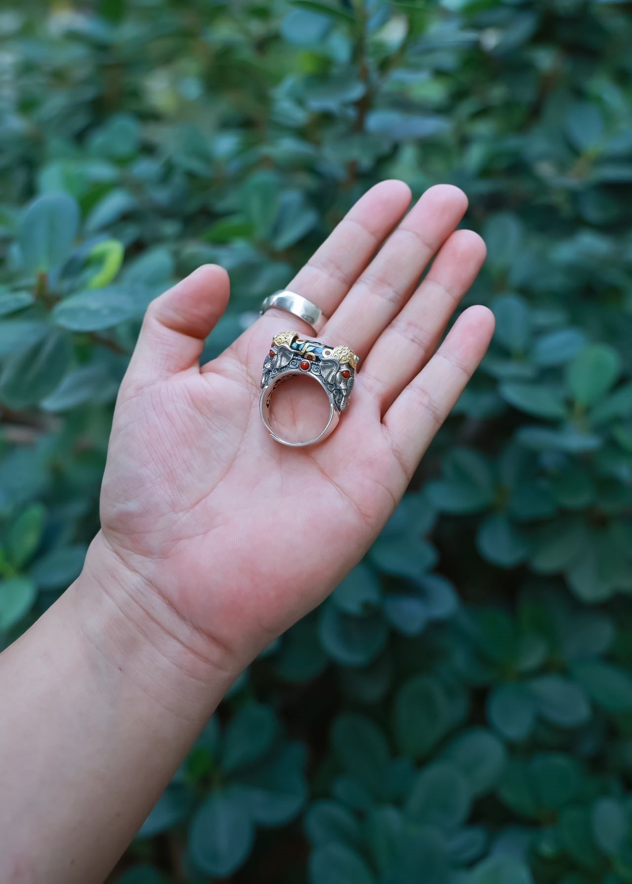 Rotating Dzi Ganesha Wealth Ring | 925 Silver, Brass & Gems