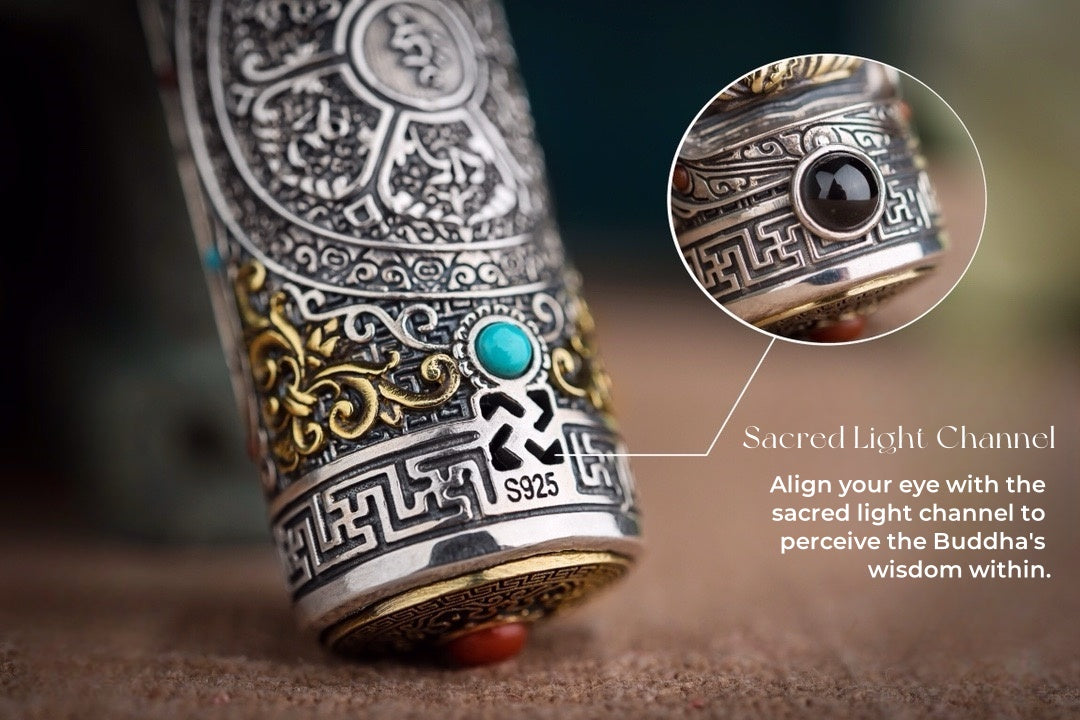 Tibetan Six-Syllable Prayer Wheel Pendant – Silver & Gemstone
