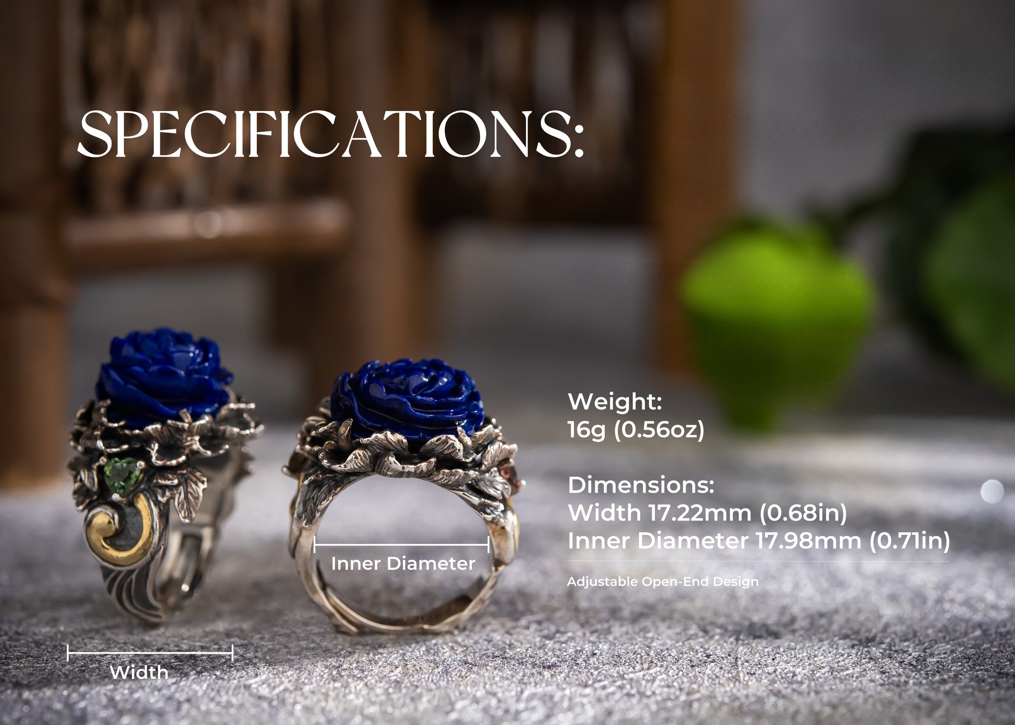 Peony of Lhasa Ring | Carved Lapis Lazuli & 925 Silver