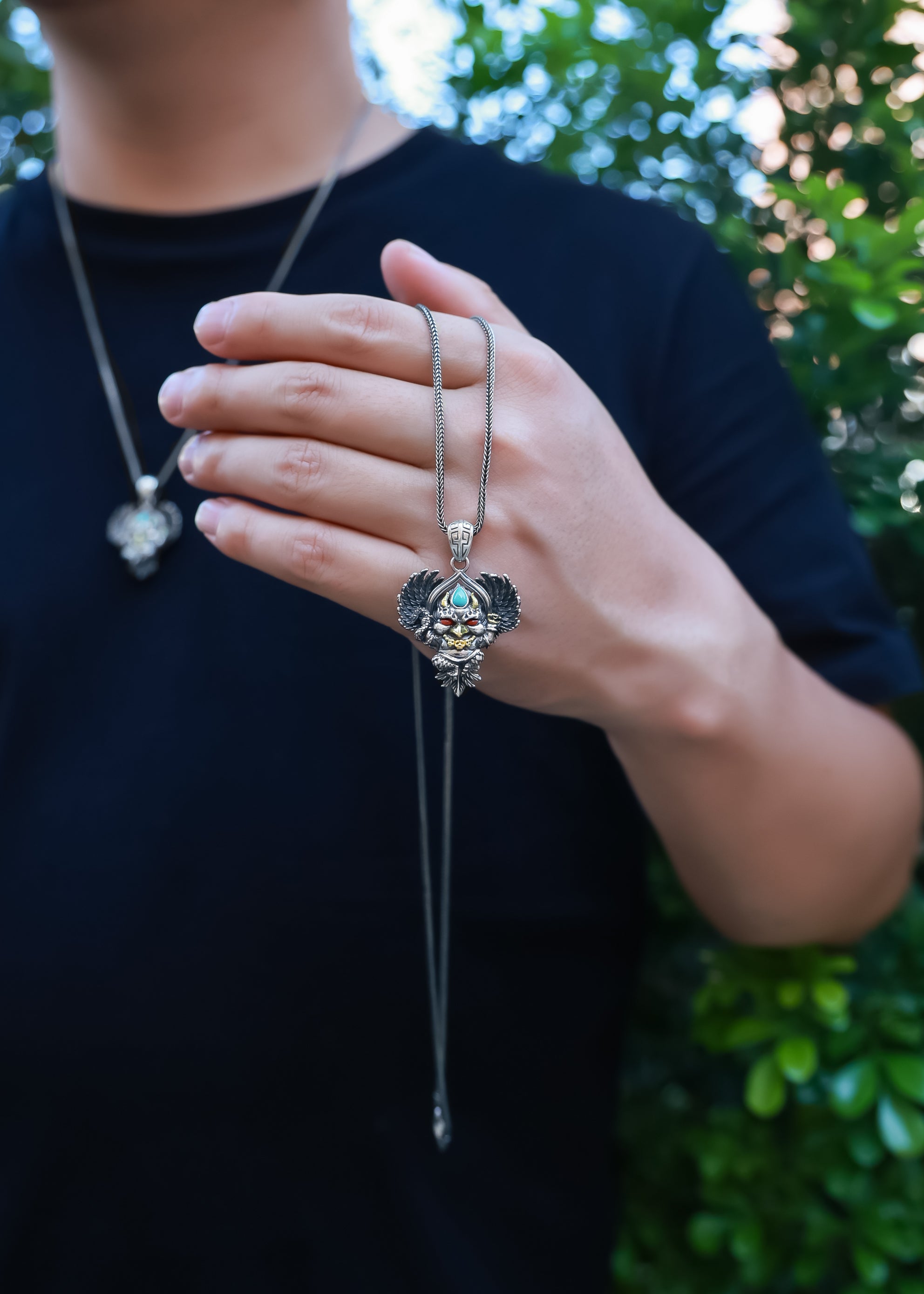 Garuda Guardian Pendant | Sterling Silver, Agate & Turquoise