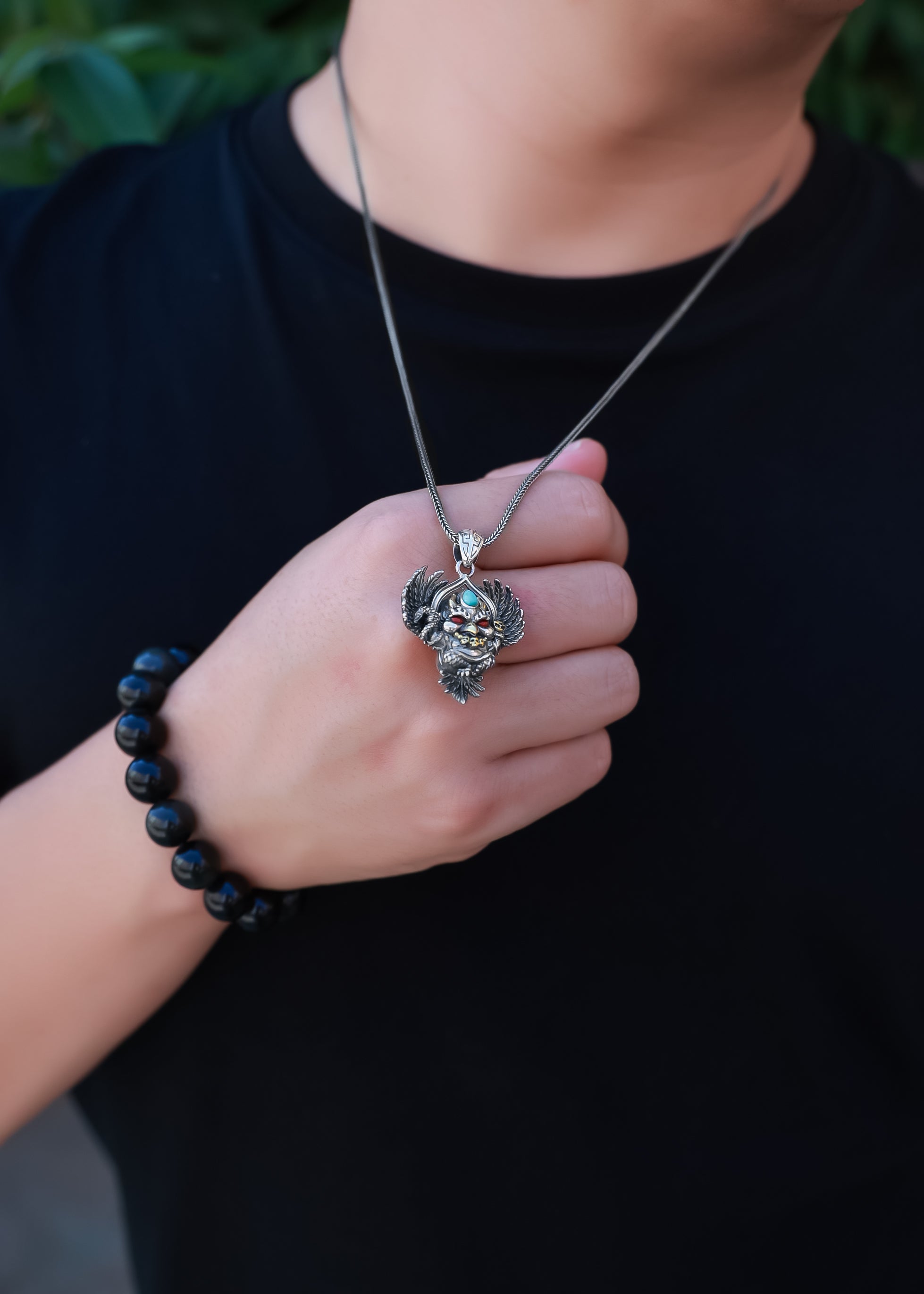 Garuda Guardian Pendant | Sterling Silver, Agate & Turquoise