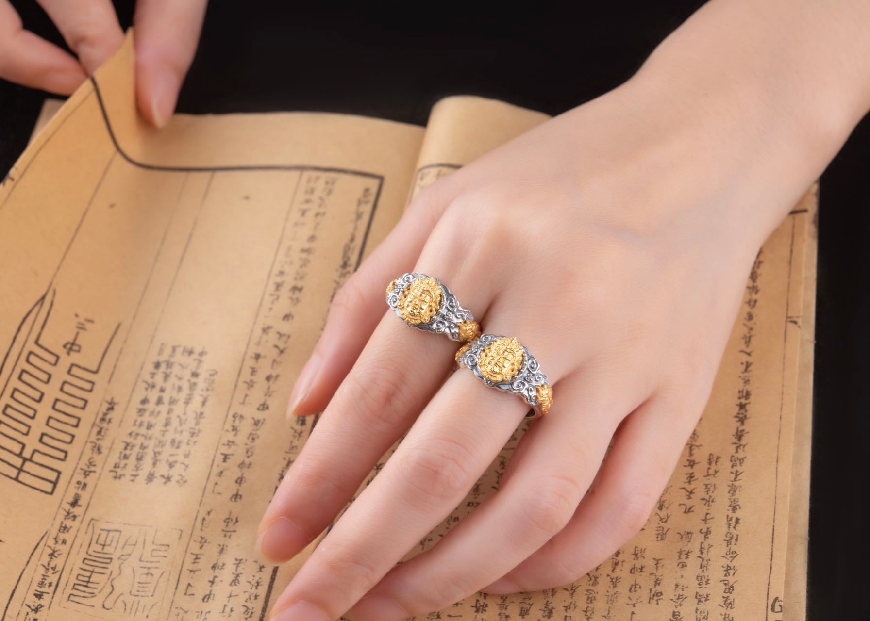 Yellow Jambhala Wealth Ring | 925 Silver + Brass Tibetan Talisman