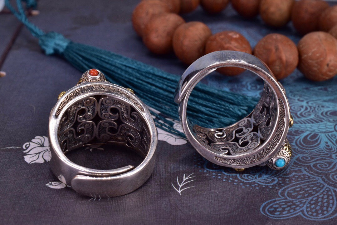 Spinning Mantra Taotie Ring | 925 Silver, Turquoise & Agate