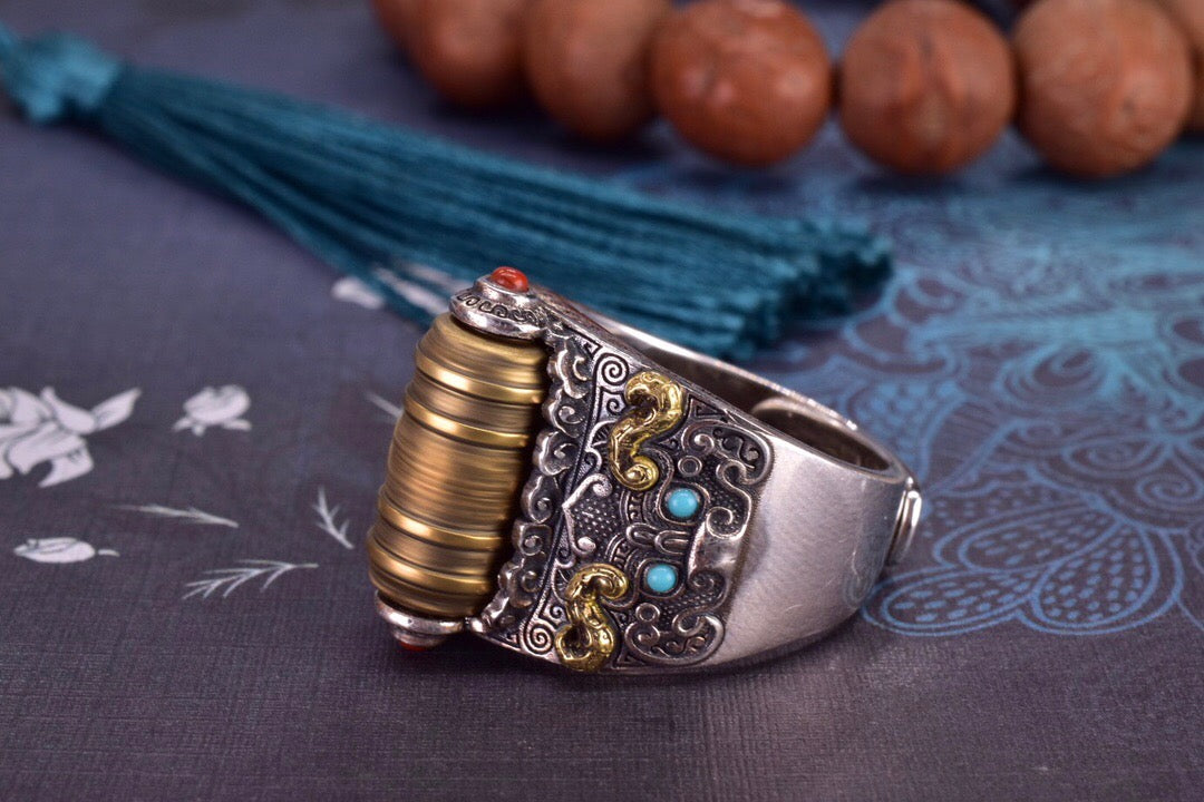 Spinning Mantra Taotie Ring | 925 Silver, Turquoise & Agate