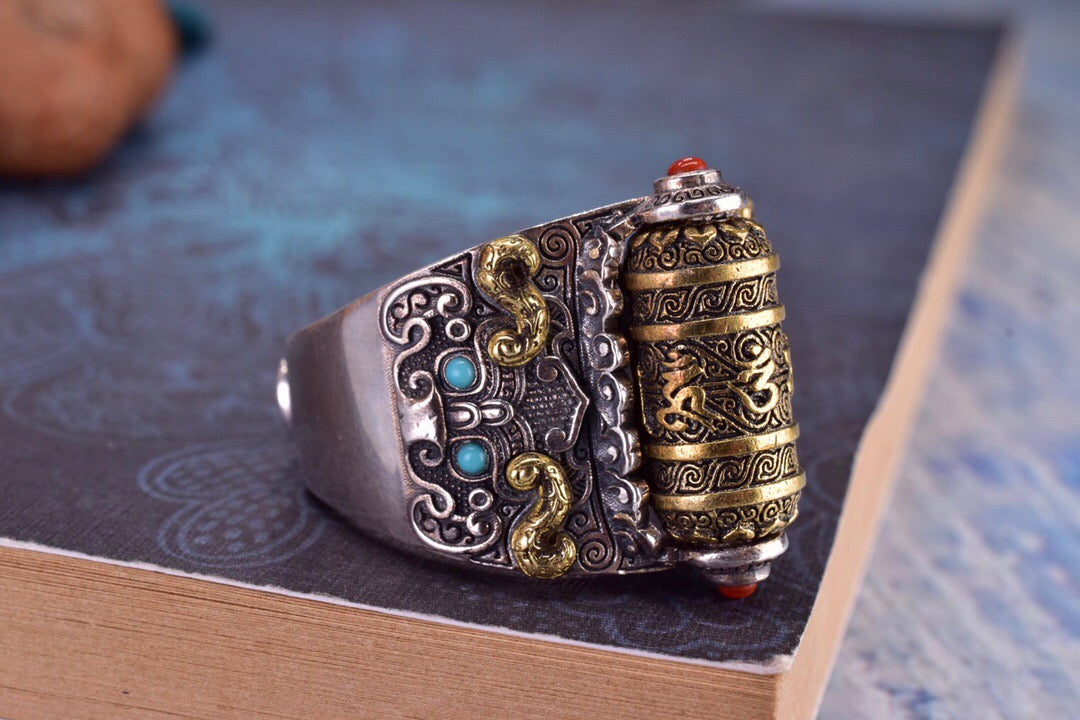 Spinning Mantra Taotie Ring | 925 Silver, Turquoise & Agate
