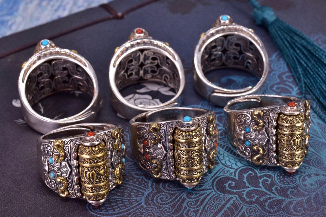 Spinning Mantra Taotie Ring | 925 Silver, Turquoise & Agate